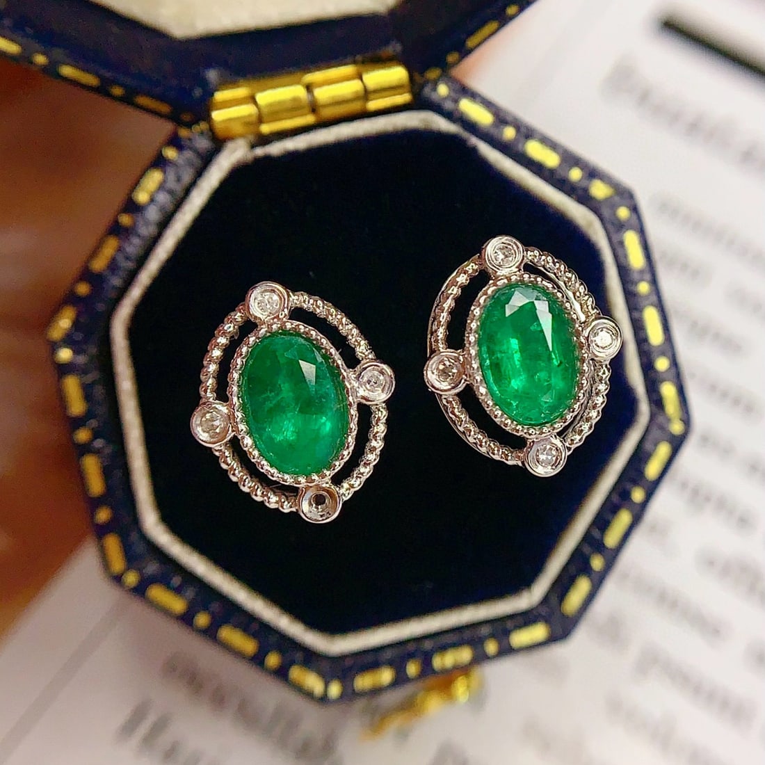 14k Gold 1.3 Ct Vivid Green Natural Emerald & Diamond Earrings - 5