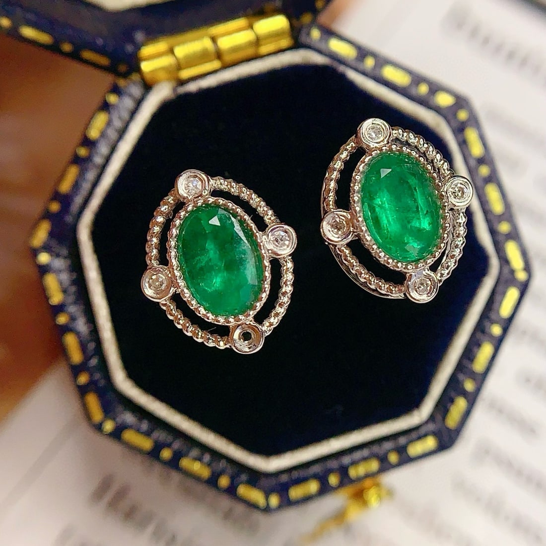 14k Gold 1.3 Ct Vivid Green Natural Emerald & Diamond Earrings - 7