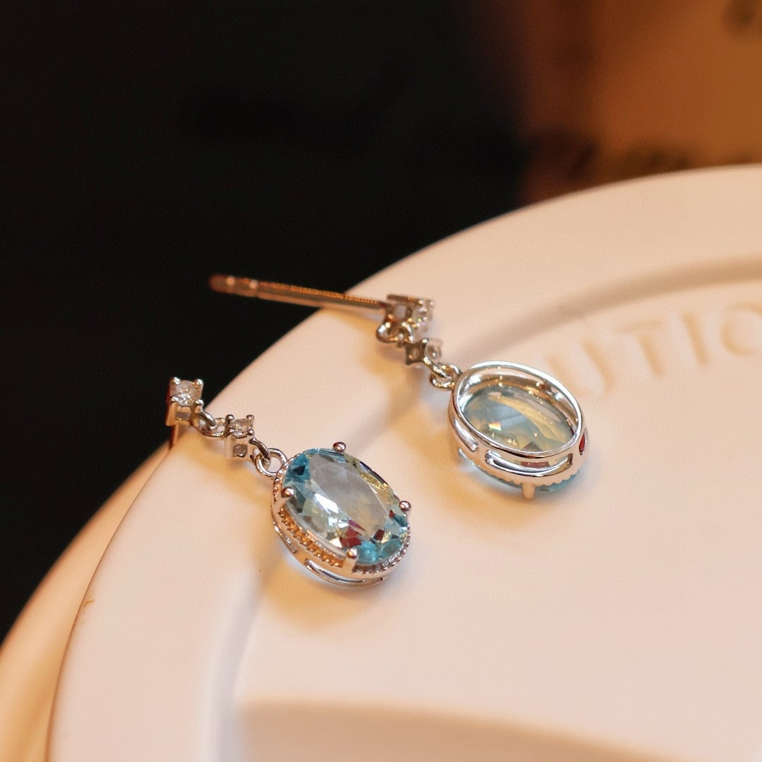 14k Gold 1.3 Ct Natural Aquamarine & Diamond Earrings - 2