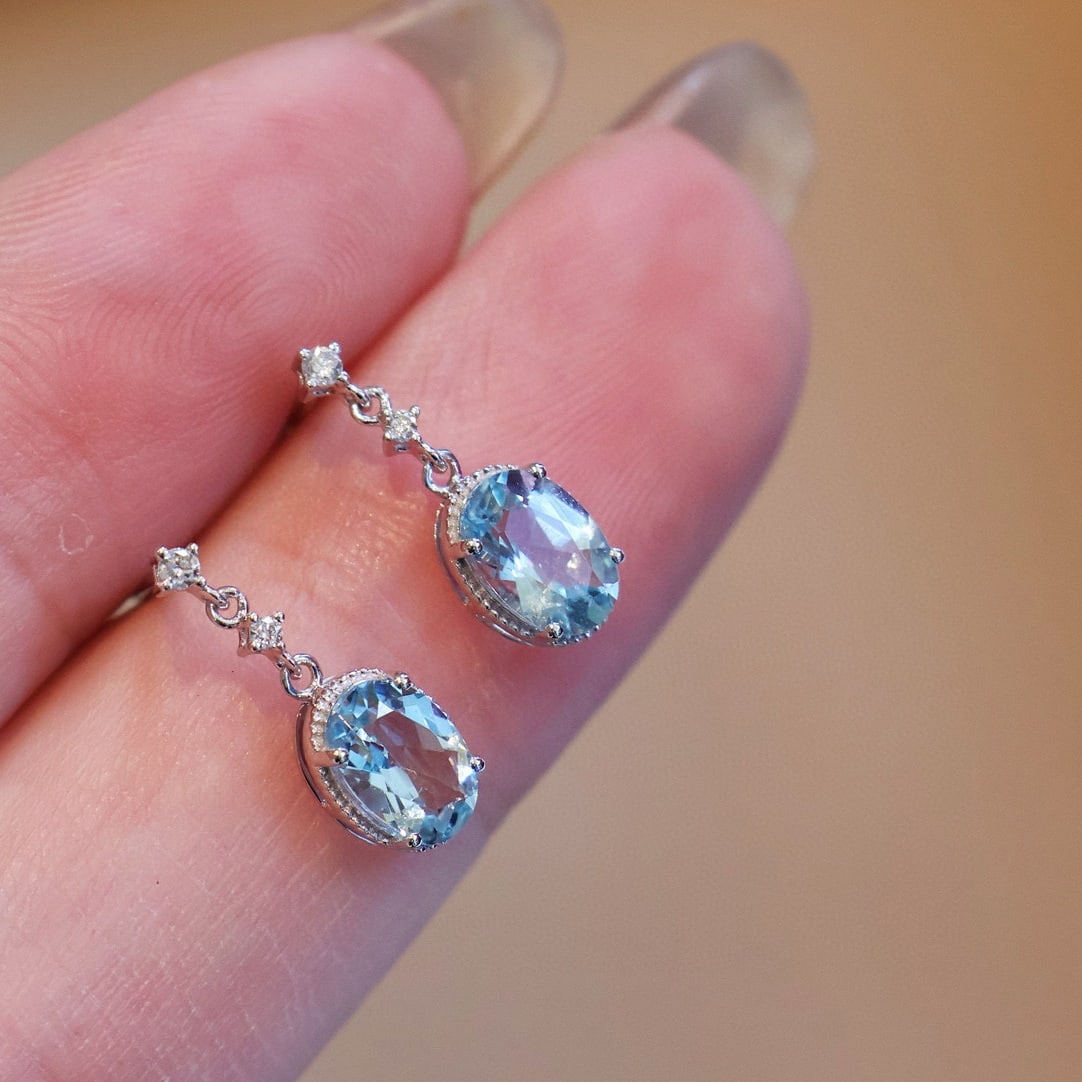 14k Gold 1.3 Ct Natural Aquamarine & Diamond Earrings - 4