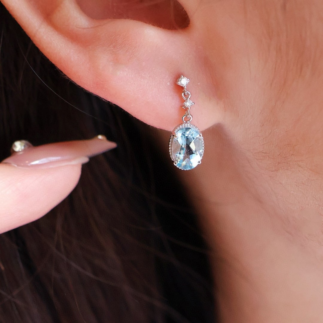 14k Gold 1.3 Ct Natural Aquamarine & Diamond Earrings - 5