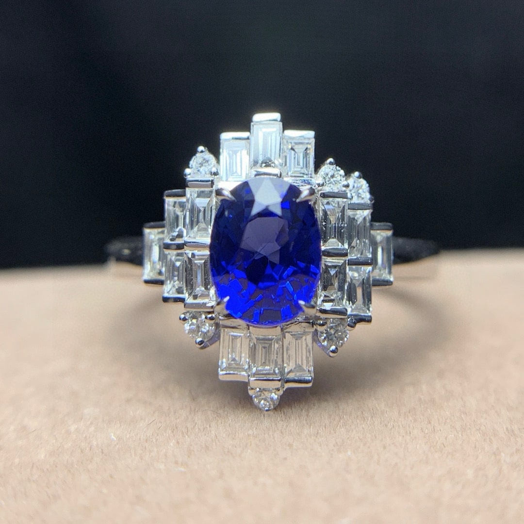 14k Gold 1.75 Ctw Natural Sapphire & Diamond Ring: Ref:231017213 // gold content:14k gold // ring size:7. 25us // // main gemstone:sapphire // shape:oval // carat weight:1. 23ct // color:royal blue // treatment:natural // // adjacent gemstone 2 :