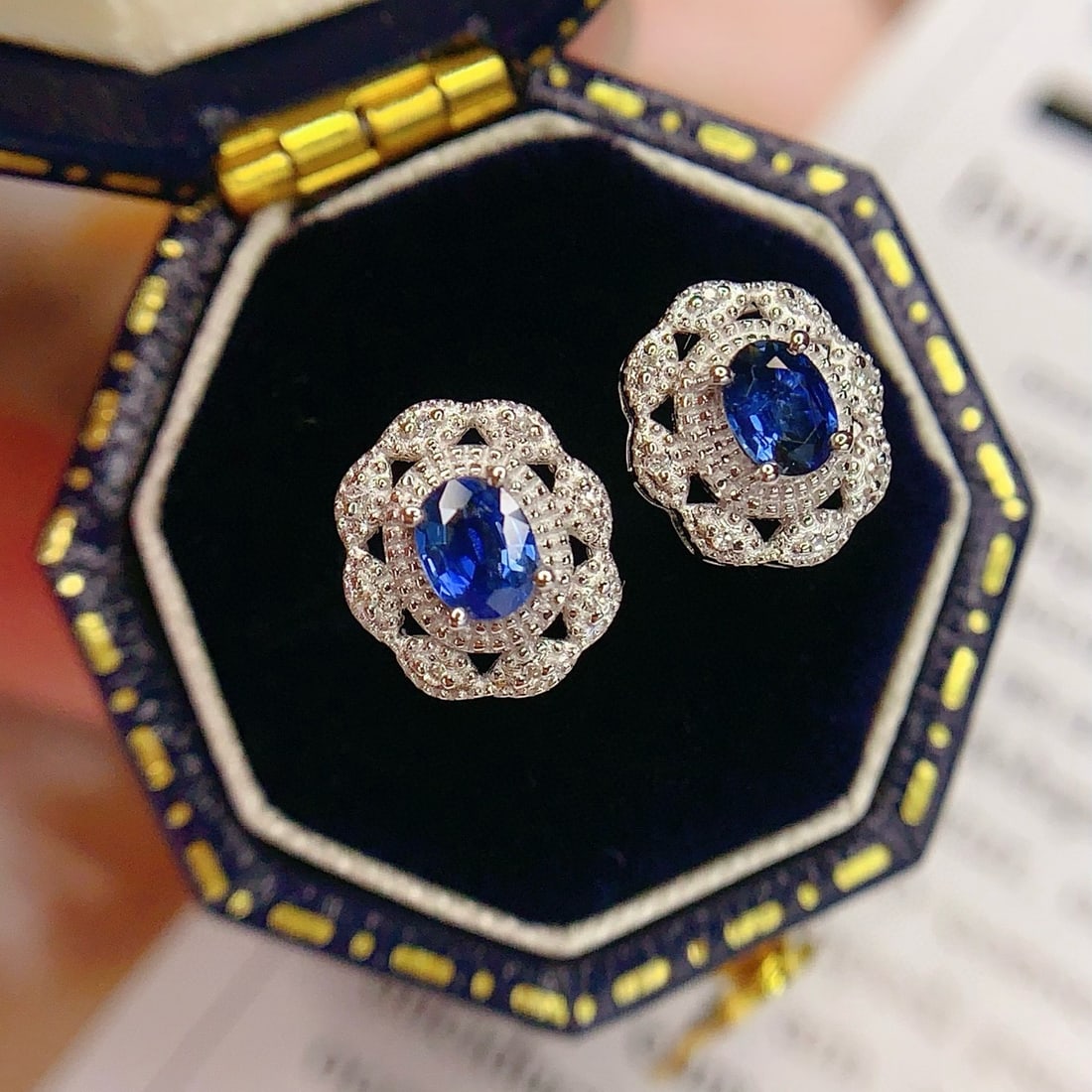 14k Gold 0.6 Ct Natural Sapphire & Diamond Earrings - 5