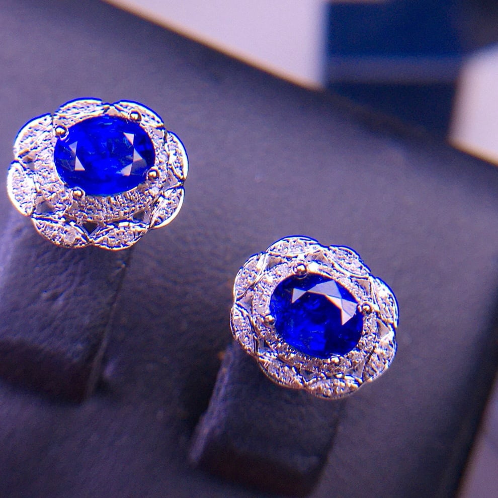 14k Gold 1.12 Ct Natural Sapphire & Diamond Earrings - 4