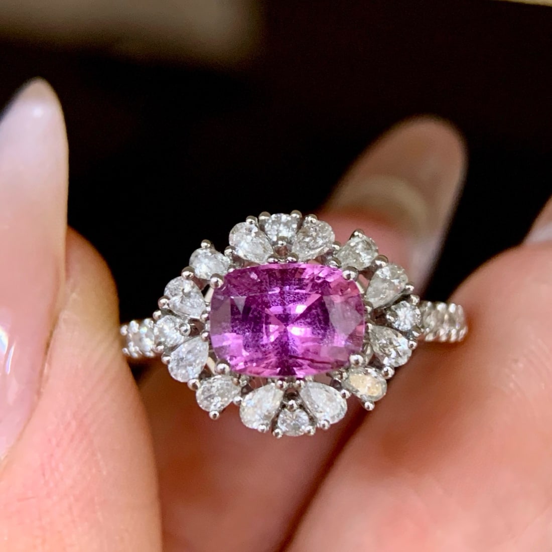 14k Gold 2.17 Ctw Natural Sapphire & Diamond Ring: Ref:231017250 // gold content:14k gold // ring size:7. 25us // // main gemstone:sapphire // shape:cushion // carat weight:1. 64ct // color:pink // treatment:natural // // adjacent gemstone 2 :
