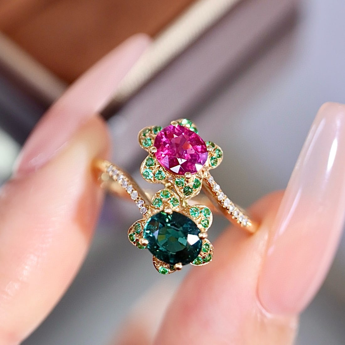 14k Gold 1.89 Ctw Natural Tourmaline & Diamond & Toi Et Moi Ring: Ref:231018001 // gold content:14k gold // ring size:7. 25us // // main gemstone:tourmaline // shape:oval // carat weight:1. 80ct // color:color // treatment:natural // // adjacent gemstone 2 :