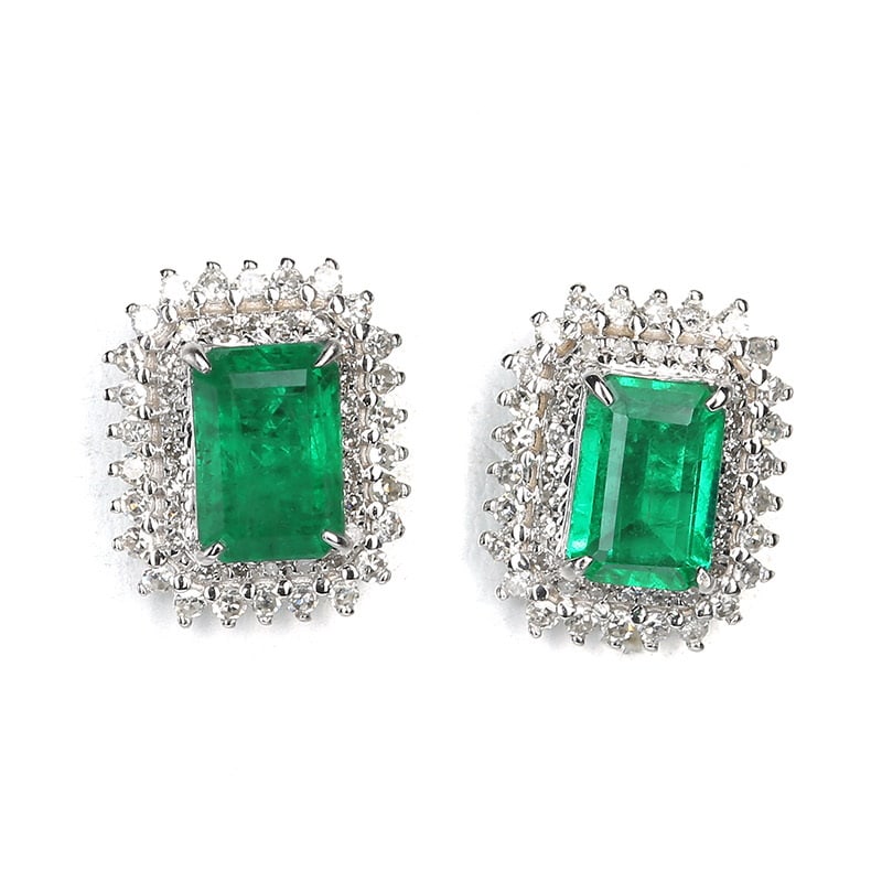 14k Gold 1.2 Ct Vivid Green Natural Emerald & Diamond Earrings - 2
