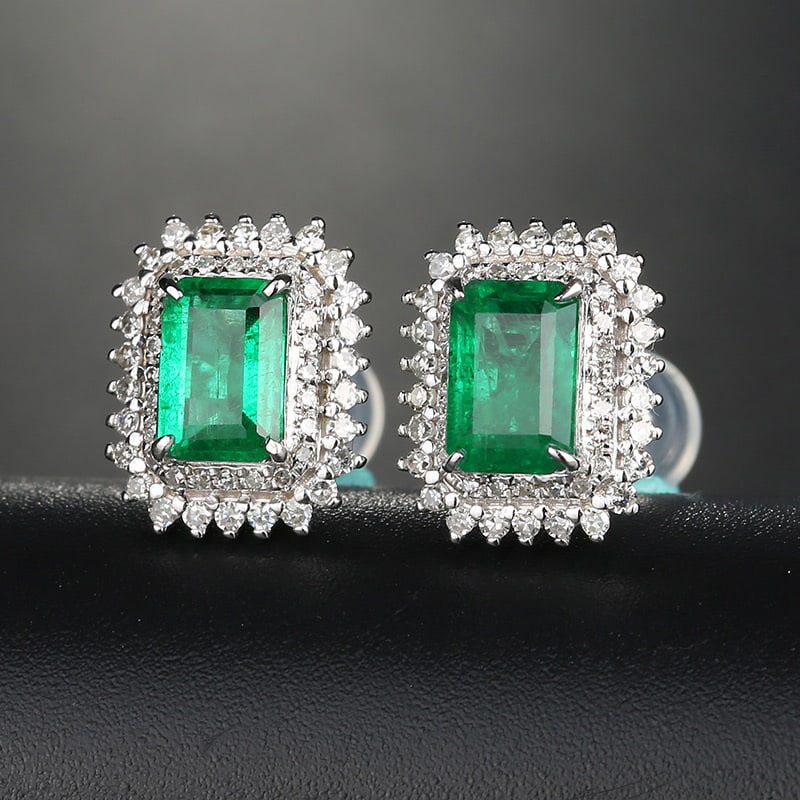 14k Gold 1.2 Ct Vivid Green Natural Emerald & Diamond Earrings - 3