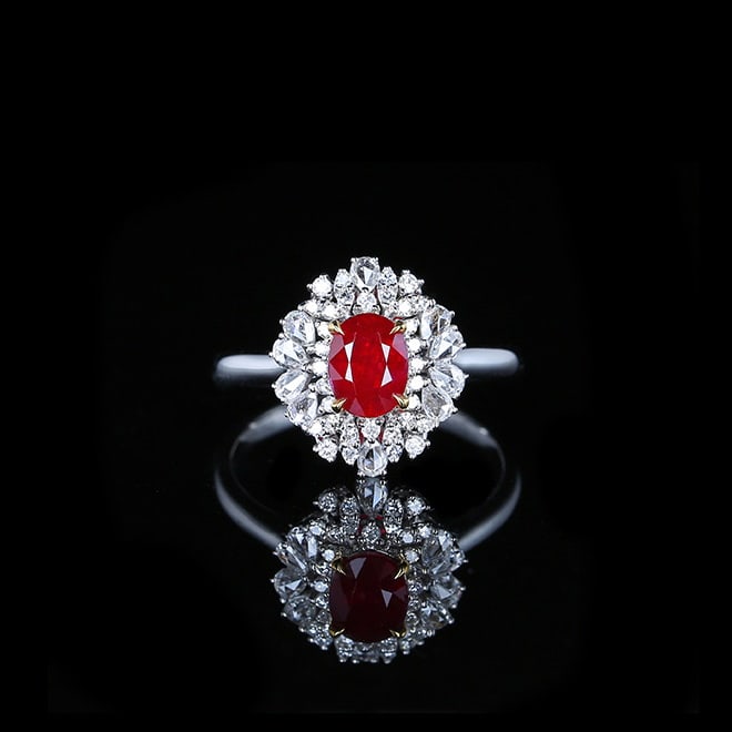 14k Gold 1.43 Ctw Natural Ruby & Diamond Ring: Ref:231018026 // gold content:14k gold // ring size:7. 25us // // main gemstone:ruby // shape:oval // carat weight:1. 03ct // color:pigeonblood red // treatment:natural // // adjacent gemstone 2 : dia