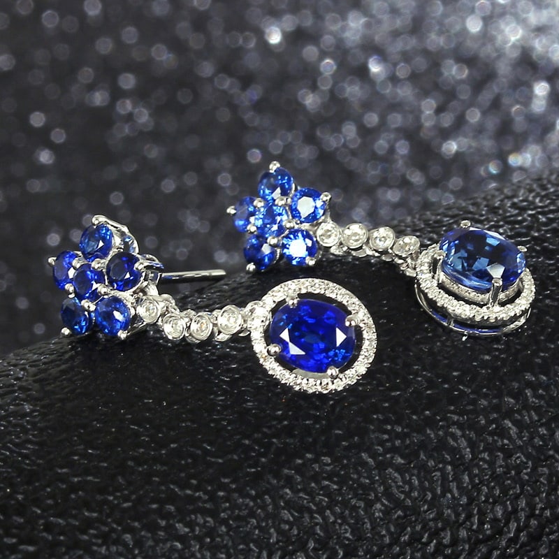 14k Gold 2.78 Ct Vivid Blue Natural Sapphire & Diamond Earrings - 2
