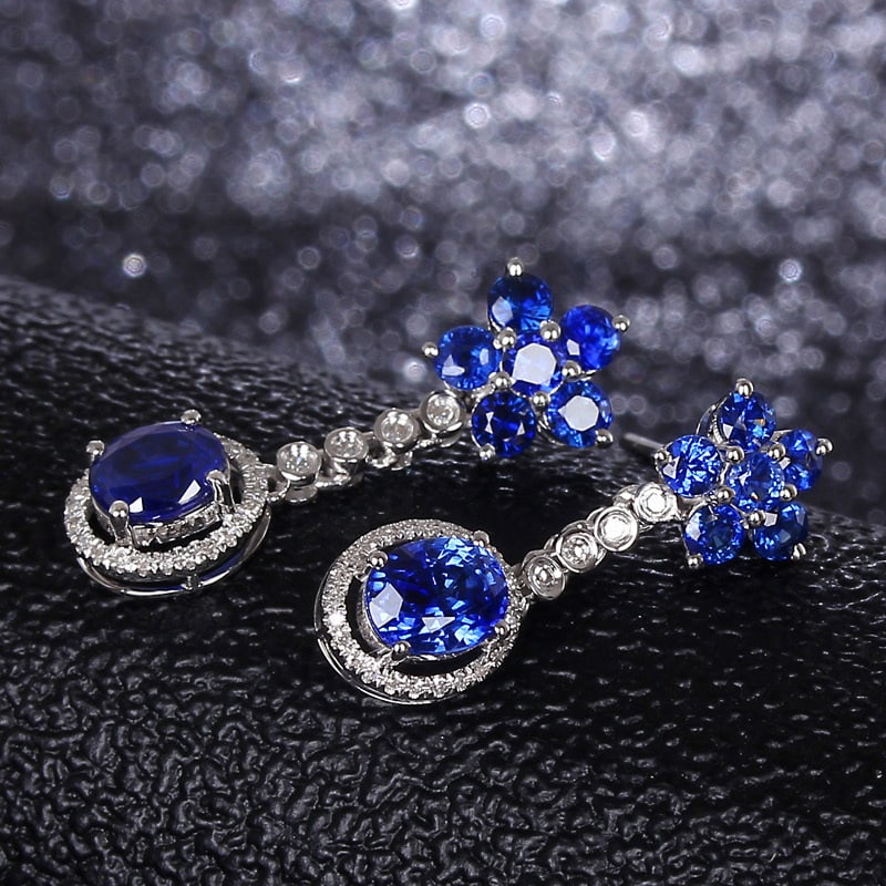 14k Gold 2.78 Ct Vivid Blue Natural Sapphire & Diamond Earrings - 3
