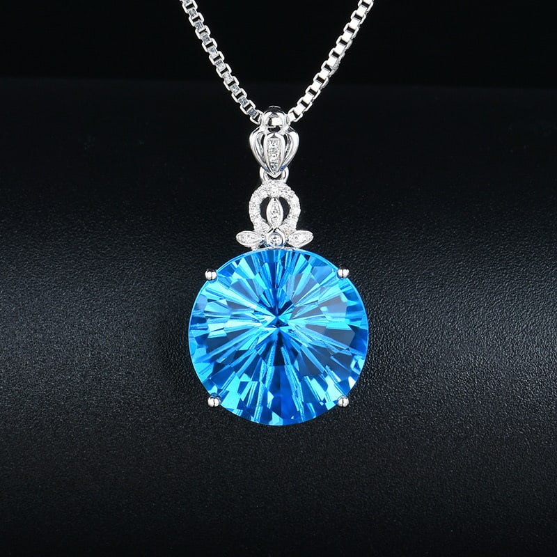 14k Gold 10.18 Ct Natural Topaz & Diamond Pendant( Without Chain ): Ref:231018053 // gold content:14k gold // main gemstone:topaz // shape:round // carat weight:10. 18ct // color:blue // treatment:natural // cut grade:g // // adjacent gemstone 2 : diamond //