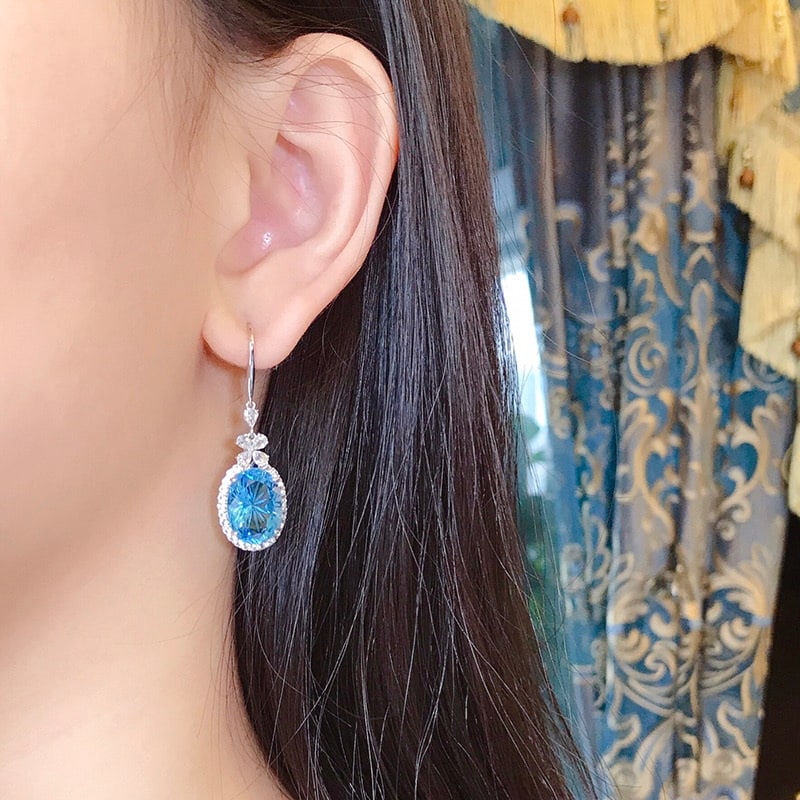 14k Gold 14.3 Ct Natural Topaz & Sapphire Earrings - 4