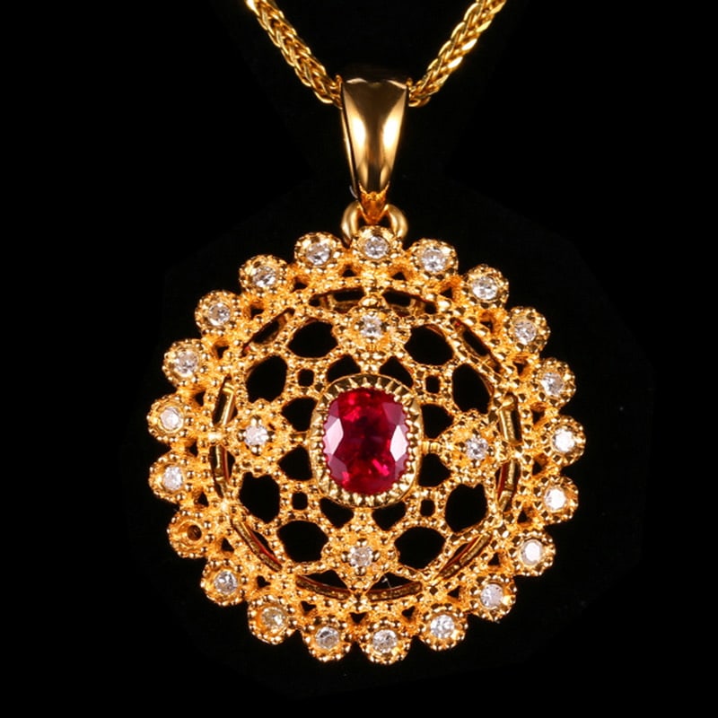 14k Gold 0.63 Ctw Vivid Red Natural Ruby & Diamond Pendant( Without Chain ): Ref:231018070 // gold content:14k gold // main gemstone:ruby // shape:oval // carat weight:0. 51ct // color:vivid red // treatment:natural // // adjacent gemstone 2 : diamond // shape:round // carat