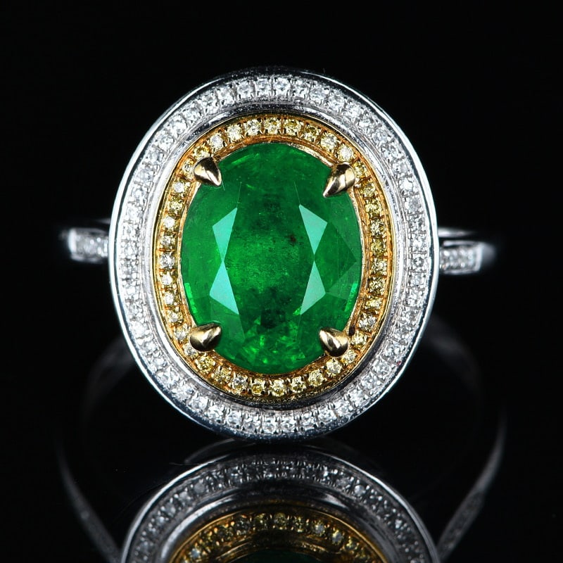 14k Gold 2 Ct Vivid Green Natural Emerald & Diamond Ring: Ref:231018071 // gold content:14k gold // ring size:7. 25us // // main gemstone:emerald // shape:oval // carat weight:2ct // color:vivid green // treatment:natural // // adjacent gemstone 2 : diamond