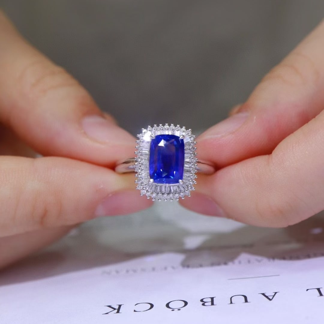 14k Gold 3.26 Ctw Natural Sapphire & Diamond Ring: Ref:231018089 // gold content:14k gold // ring size:7. 25us // // main gemstone:sapphire // shape:cushion // carat weight:2. 68ct // color:royal blue // treatment:natural // // adjacent gemstone 2 :