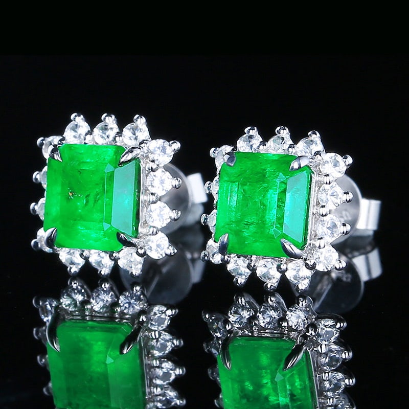 14k Gold 2.1 Ct Vivid Green Natural Emerald & Diamond Earrings - 2