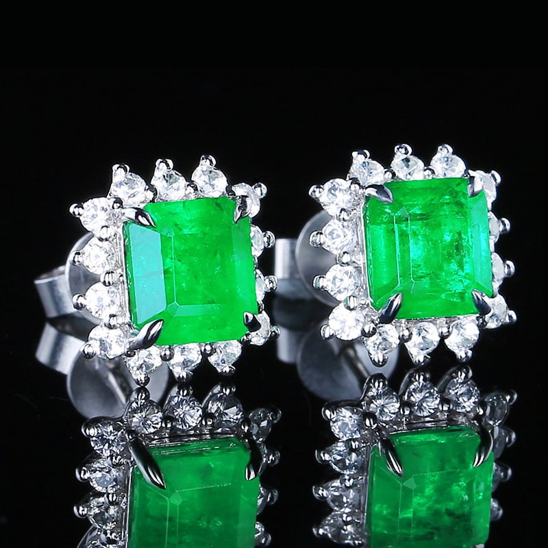 14k Gold 2.1 Ct Vivid Green Natural Emerald & Diamond Earrings - 3