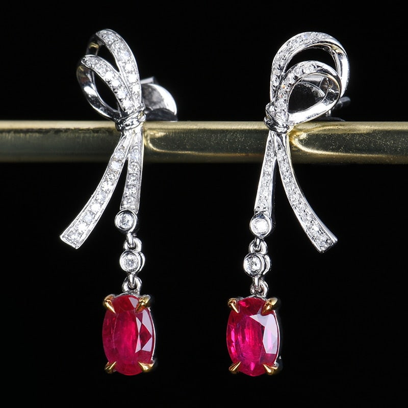 14k Gold 0.93 Ct Natural Ruby & Diamond Earrings - 2