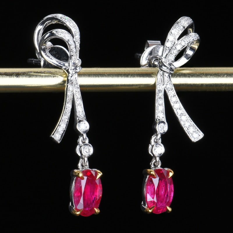 14k Gold 0.93 Ct Natural Ruby & Diamond Earrings - 3
