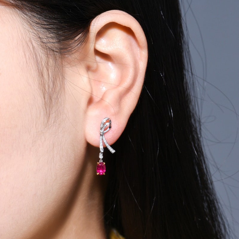 14k Gold 0.93 Ct Natural Ruby & Diamond Earrings - 4