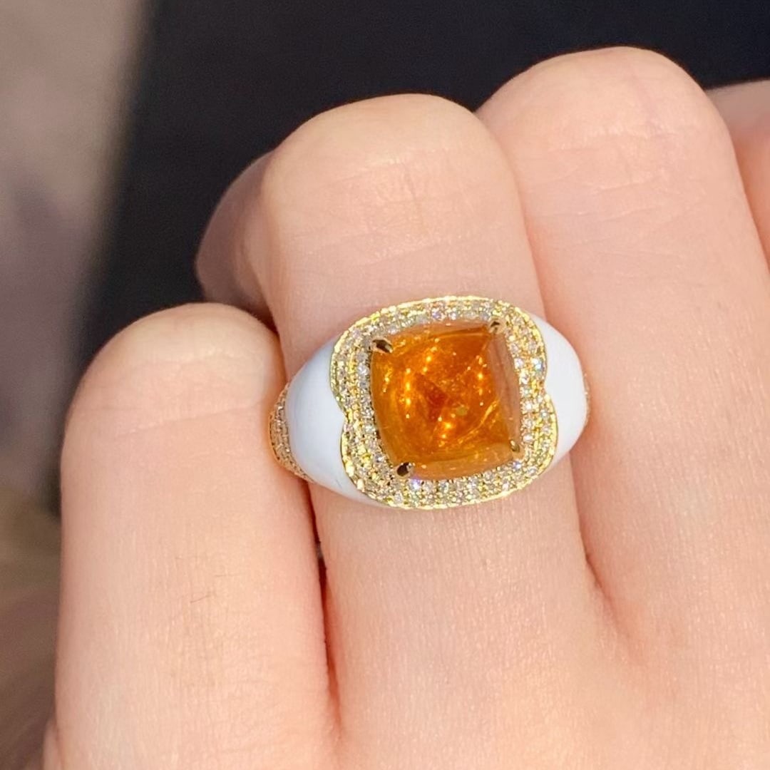 14k Gold 4.2 Ct Natural Spessartine & Diamond Ring: Ref:231018111 // gold content:14k gold // ring size:7. 25us // // main gemstone:spessartine // shape:suger-loaf // carat weight:4. 2ct // color:orange // treatment:natural // // adjacent gemstone 2 :