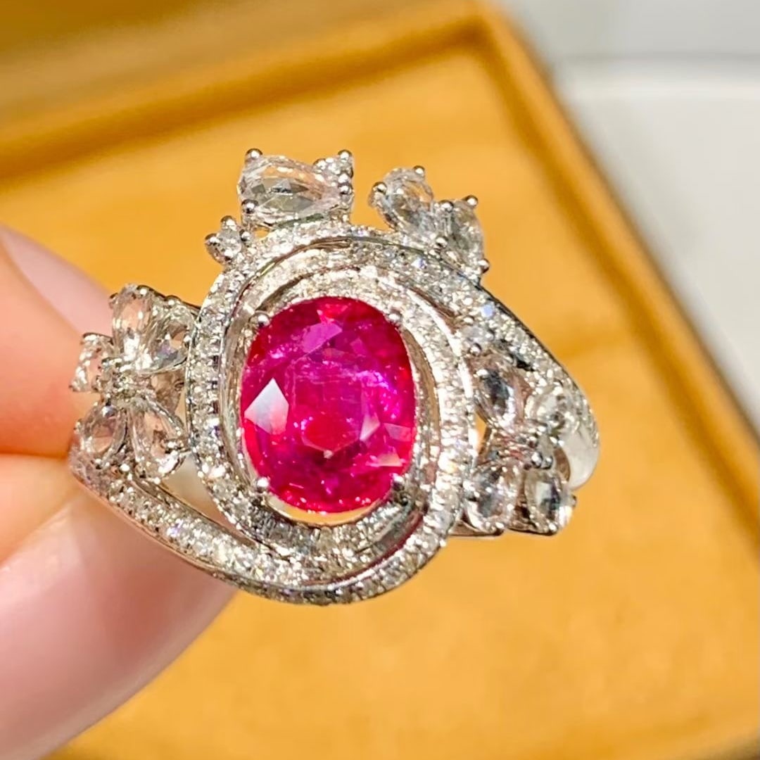 14k Gold 1.3 Ct Natural Ruby & Diamond & Sapphire Ring: Ref:231018121 // gold content:14k gold // ring size:7. 25us // // main gemstone:ruby // shape:oval // carat weight:1. 3ct // color:red // treatment:natural // // adjacent gemstone 2 : diamond //