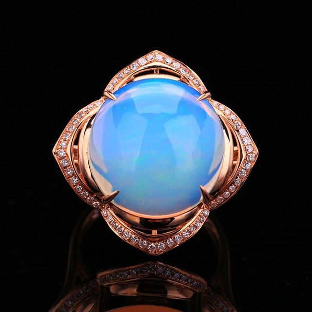 14k Gold 9.99 Ctw Natural Opal & Diamond Ring: Ref:231018130 // gold content:14k gold // ring size:7. 25us // // main gemstone:opal // shape:round // carat weight:9. 74ct // color:white // treatment:natural // cut grade:g // // adjacent gemstone