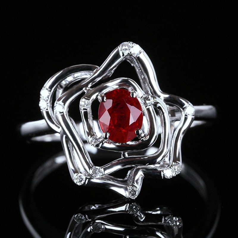 14k Gold 0.58 Ctw Vivid Red Natural Ruby & Diamond Ring: Ref:231018145 // gold content:14k gold // ring size:7. 25us // // main gemstone:ruby // shape:oval // carat weight:0. 51ct // color:vivid red // treatment:natural // // adjacent gemstone 2 : diamond