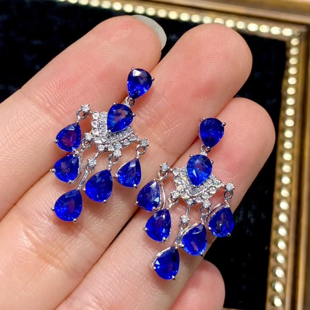 14k Gold 6 Ct Natural Sapphire & Diamond Earrings - 2
