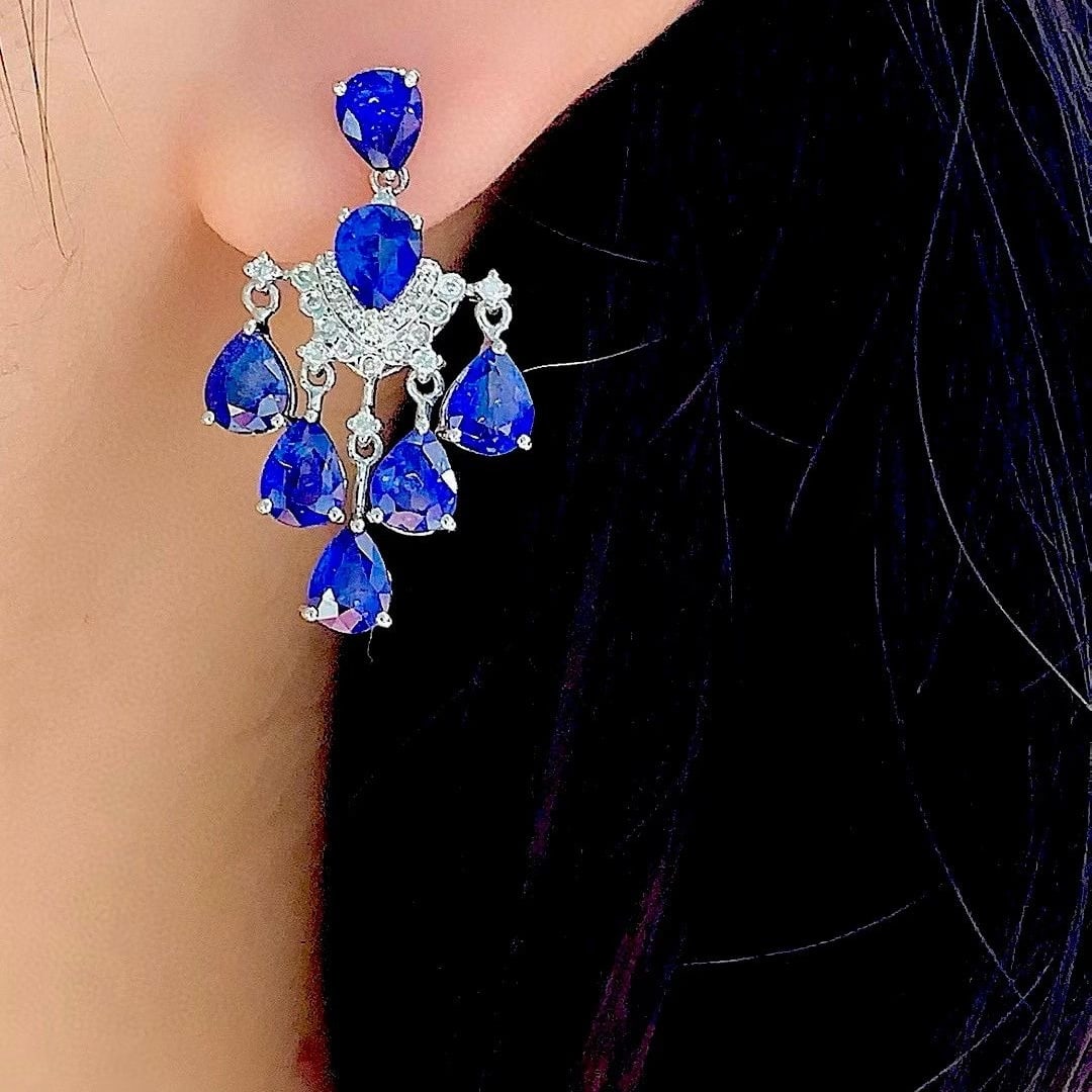 14k Gold 6 Ct Natural Sapphire & Diamond Earrings - 3