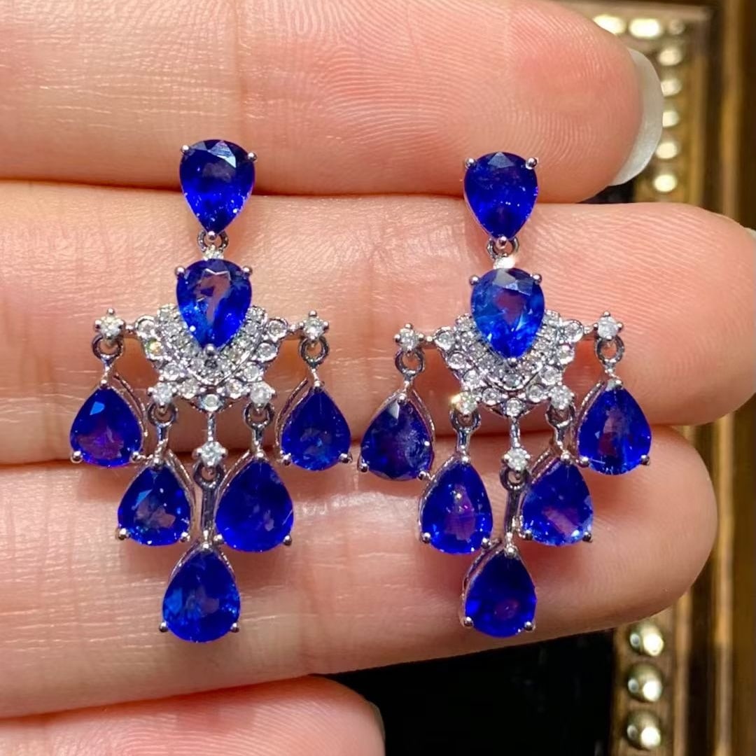 14k Gold 6 Ct Natural Sapphire & Diamond Earrings - 5