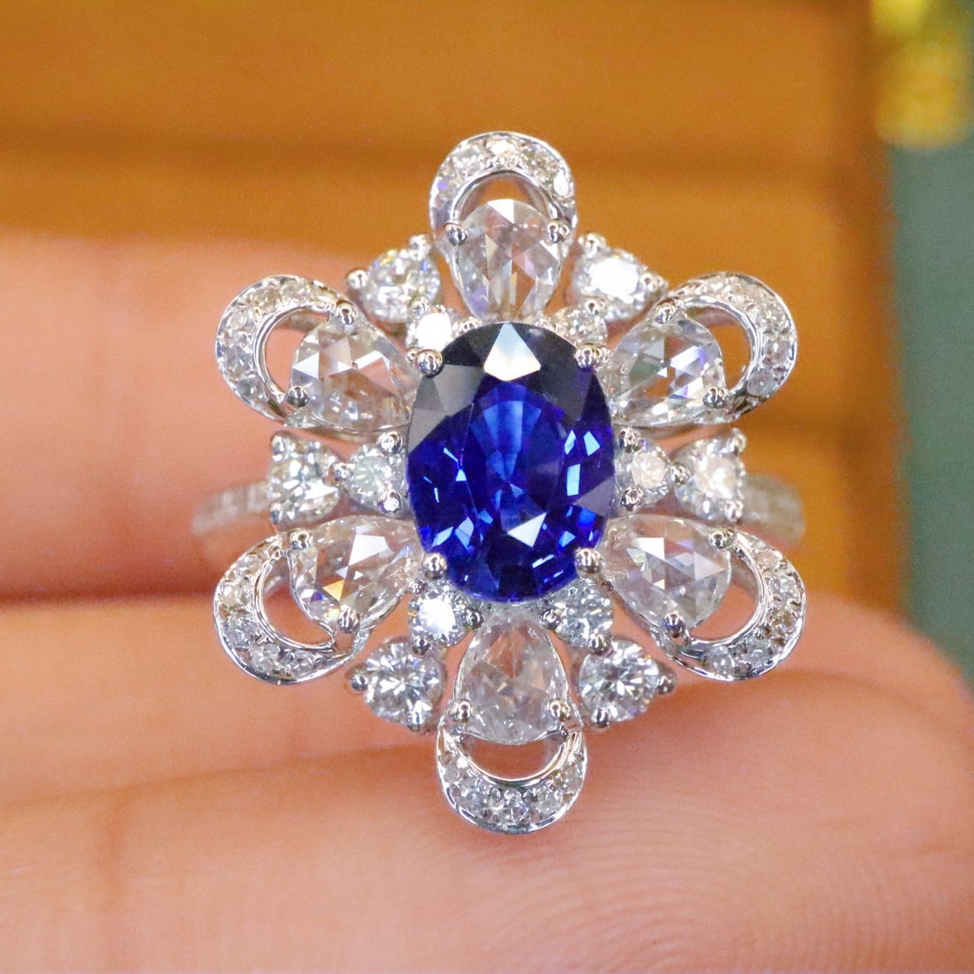 14k Gold 2.19 Ctw Natural Sapphire & Diamond Ring: Ref:231018171 // gold content:14k gold // ring size:7. 25us // // main gemstone:sapphire // shape:oval // carat weight:1. 23ct // color:royal blue // treatment:natural // // adjacent gemstone 2 :