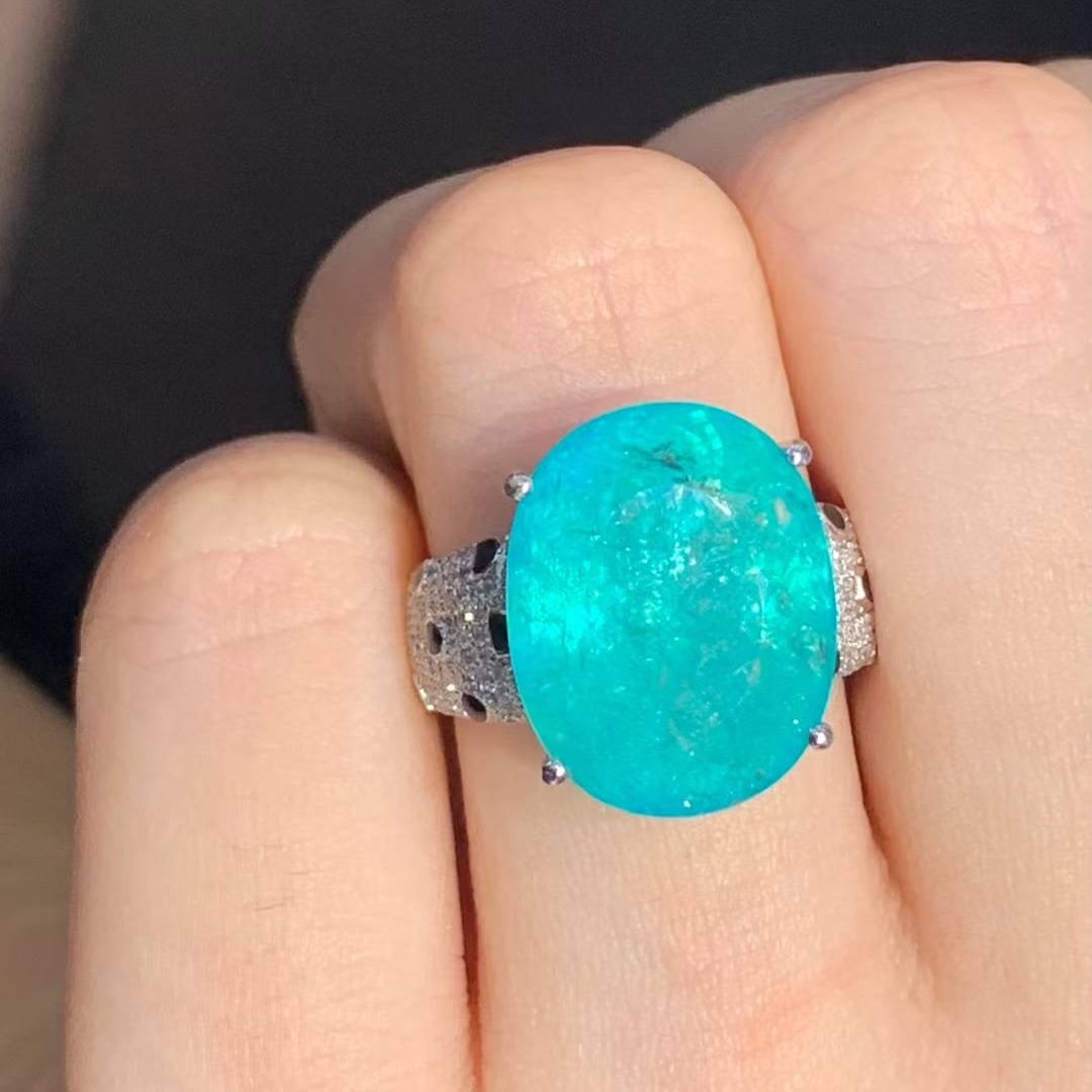 14k Gold 10.39 Ct Natural Paraiba Tourmaline & Diamond Ring - 2