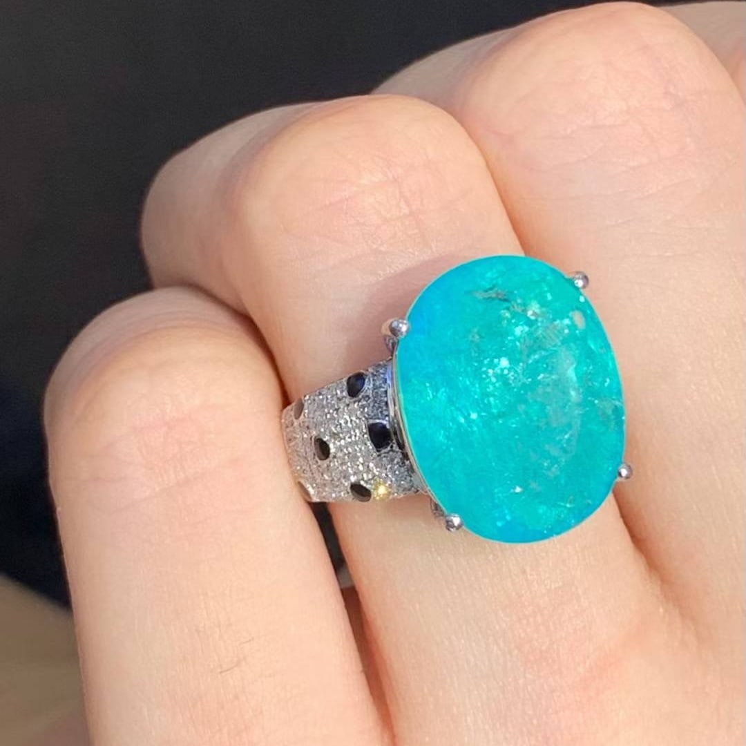 14k Gold 10.39 Ct Natural Paraiba Tourmaline & Diamond Ring - 3