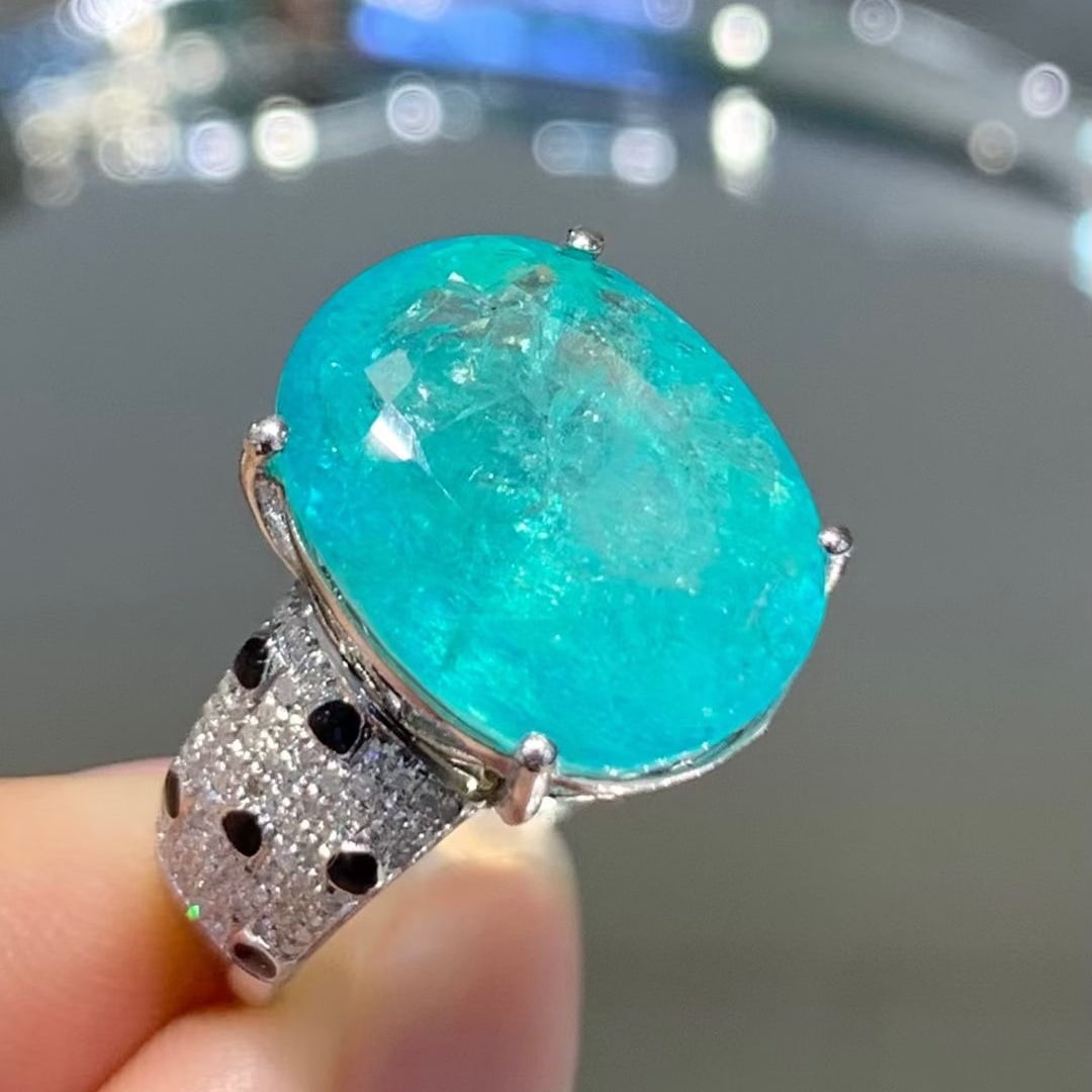 14k Gold 10.39 Ct Natural Paraiba Tourmaline & Diamond Ring - 4