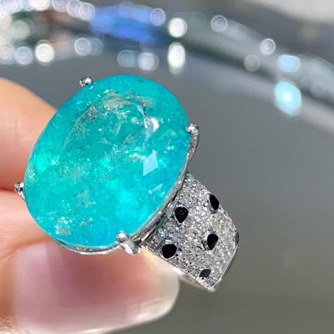 14k Gold 10.39 Ct Natural Paraiba Tourmaline & Diamond Ring - 6