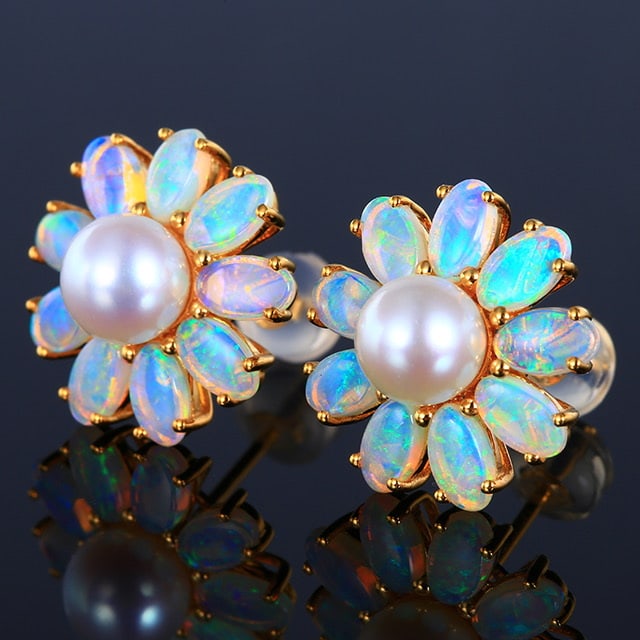 14k Gold 6.07 Ctw Natural Opal & Pearl Earrings - 2