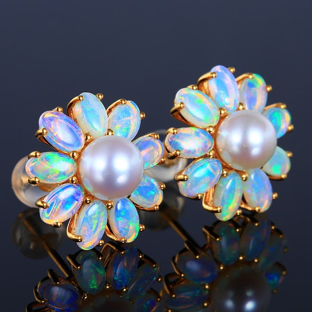 14k Gold 6.07 Ctw Natural Opal & Pearl Earrings - 3