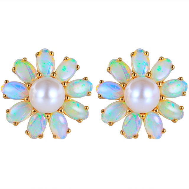 14k Gold 6.07 Ctw Natural Opal & Pearl Earrings - 5
