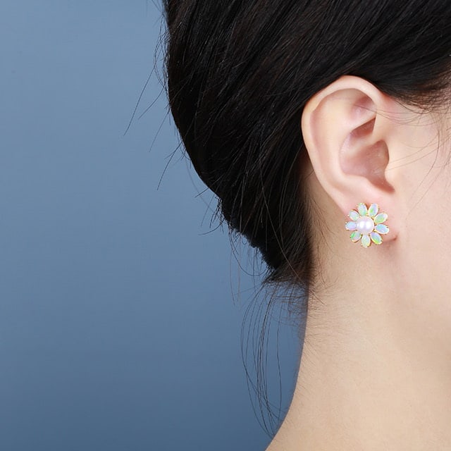 14k Gold 6.07 Ctw Natural Opal & Pearl Earrings - 6