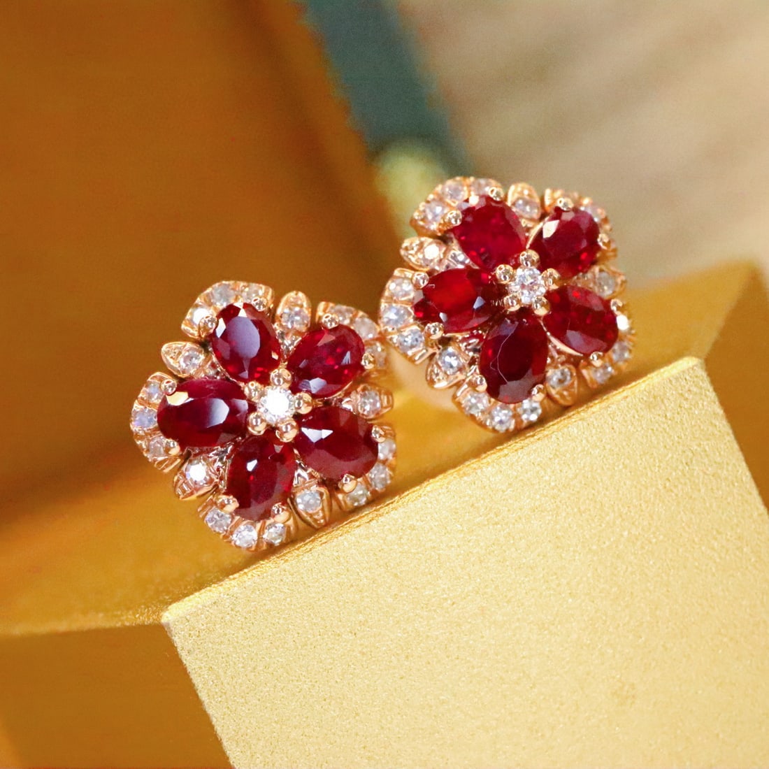 14k Gold 1.10 Ctw Vivid Red Natural Ruby & Diamond Earrings - 2