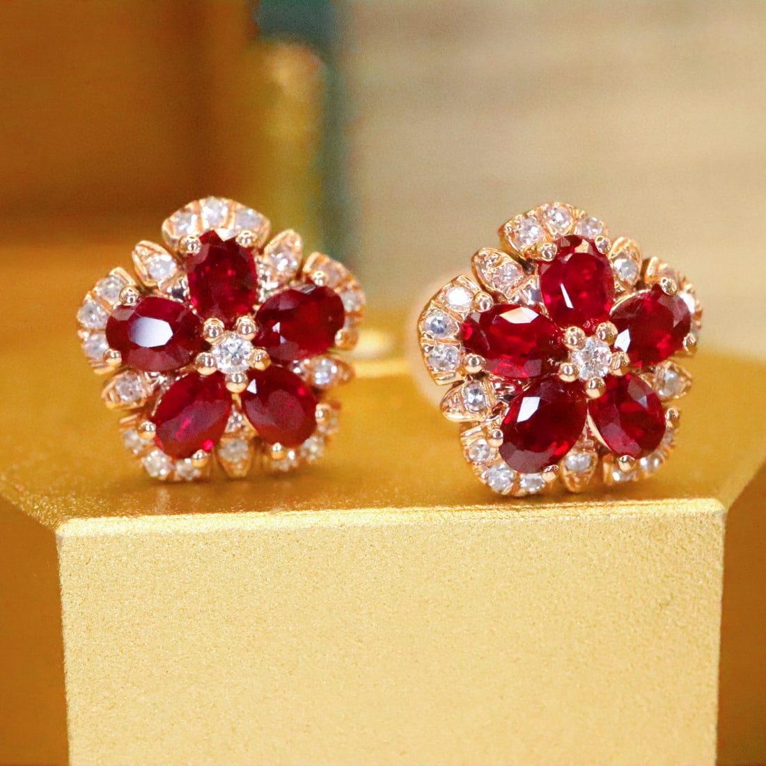 14k Gold 1.10 Ctw Vivid Red Natural Ruby & Diamond Earrings - 4
