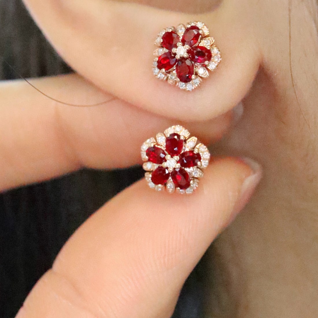 14k Gold 1.10 Ctw Vivid Red Natural Ruby & Diamond Earrings - 6