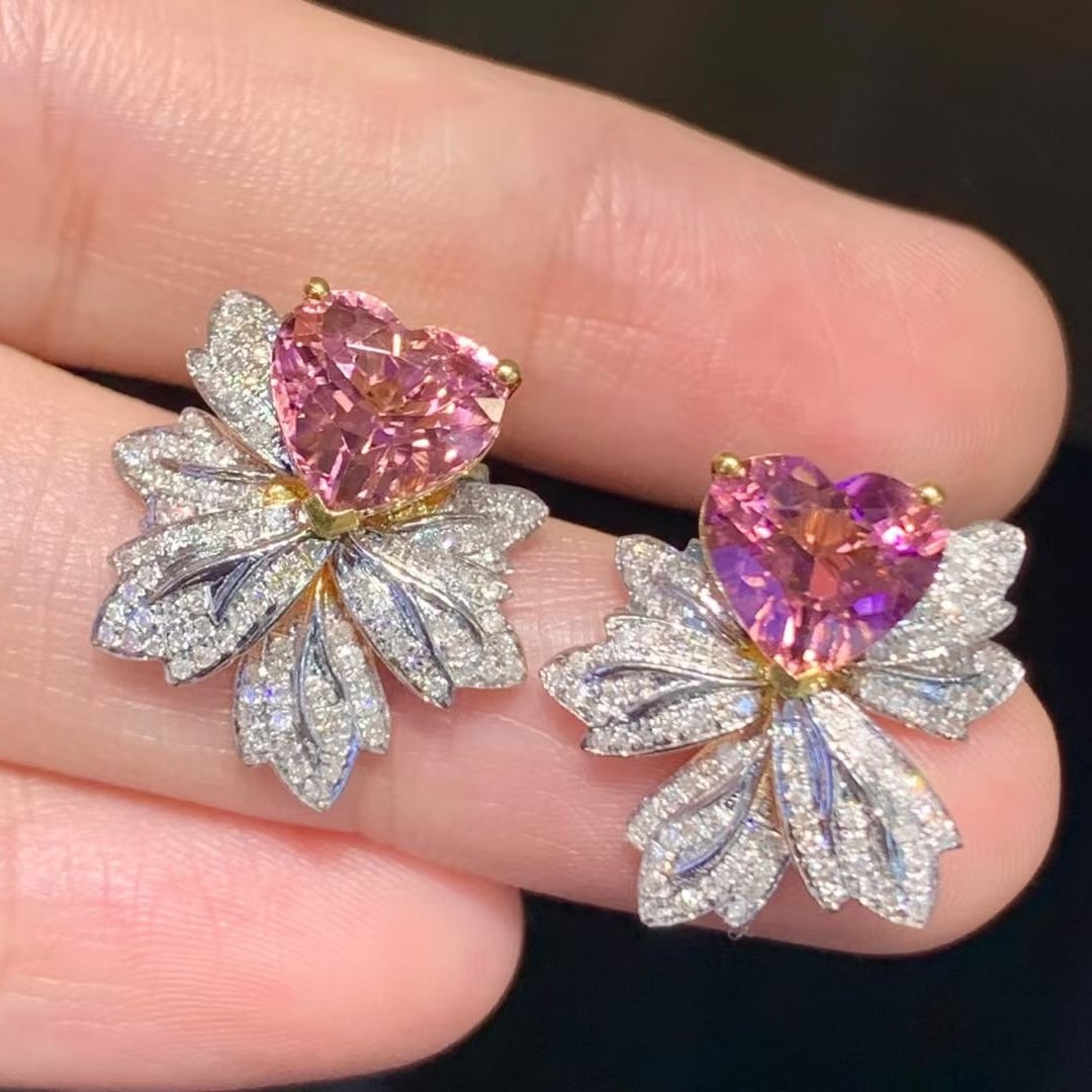 14k Gold 3.8 Ct Natural Tourmaline & Diamond Earrings - 2