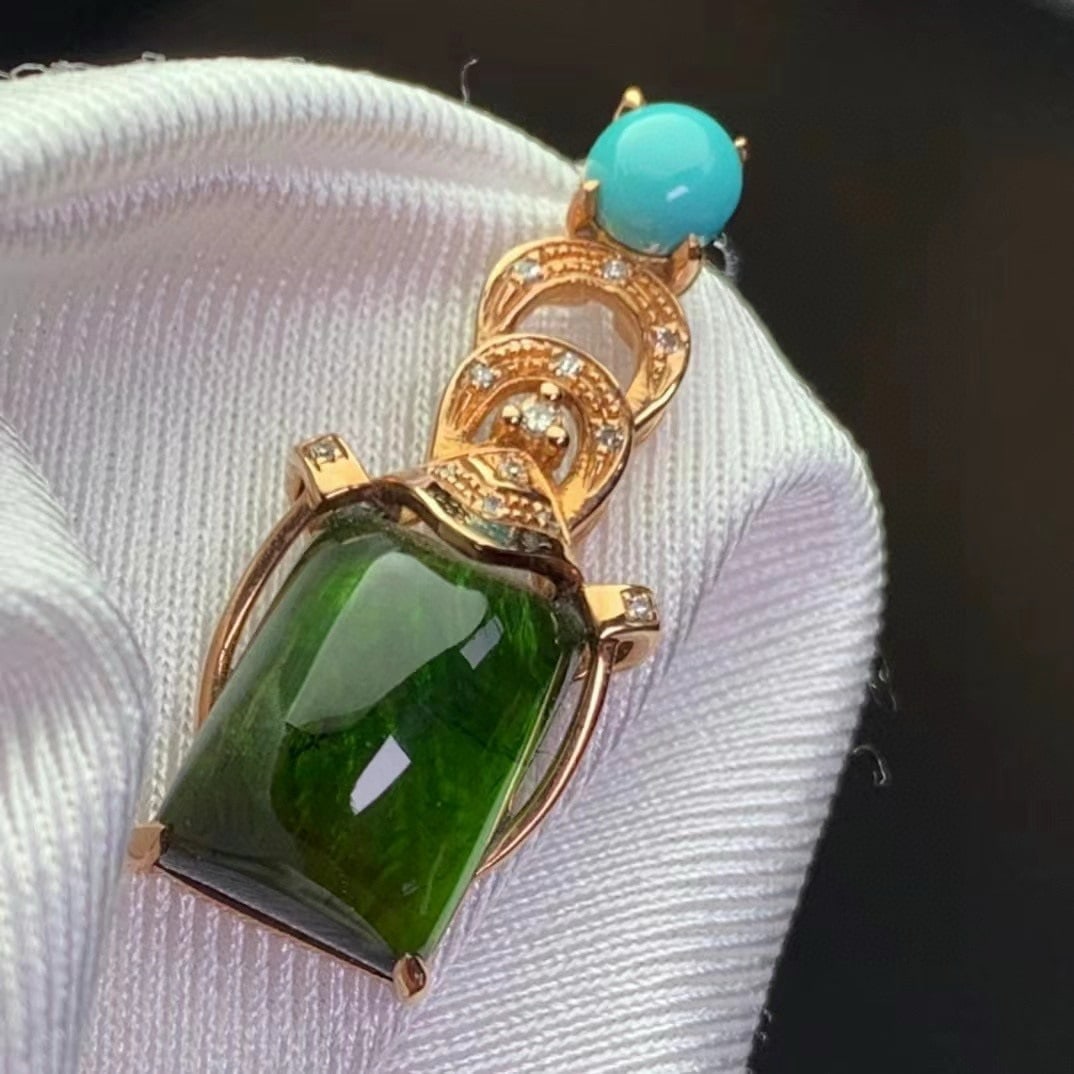 14k Gold 5.20 Ct Natural Tourmaline & Diamond & Turquoise Pendant( Without Chain ): Ref:231018240 // gold content:14k gold // main gemstone:tourmaline // shape:cushion // carat weight:5. 20ct // color:green // treatment:natural // // adjacent gemstone 2 : diamond // number of