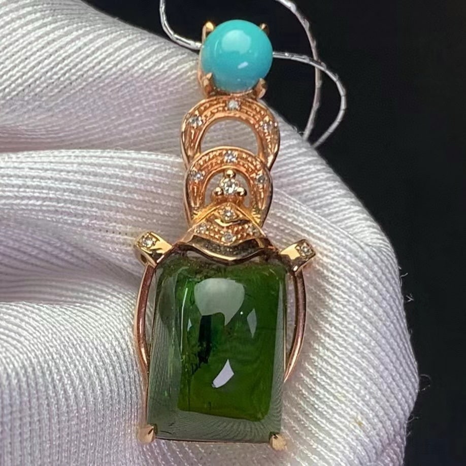 14k Gold 5.20 Ct Natural Tourmaline & Diamond & Turquoise Pendant( Without Chain ) - 2