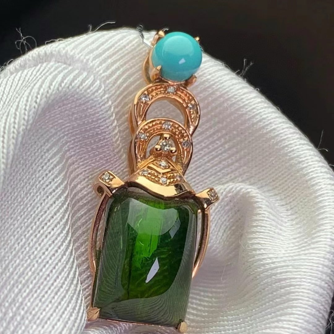 14k Gold 5.20 Ct Natural Tourmaline & Diamond & Turquoise Pendant( Without Chain ) - 3