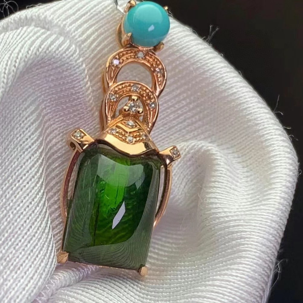 14k Gold 5.20 Ct Natural Tourmaline & Diamond & Turquoise Pendant( Without Chain ) - 4
