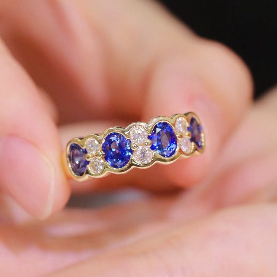 14k Gold 2.17 Ctw Natural Sapphire & Diamond Ring: Ref:231018249 // gold content:14k gold // ring size:7. 25us // // main gemstone:sapphire // shape:oval // carat weight:1. 77ct // color:royal blue // treatment:natural // // adjacent gemstone 2 :